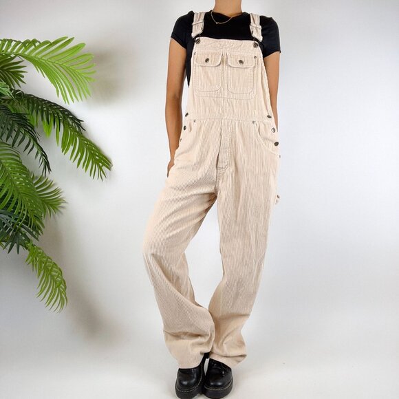 Vintage 90s Cream Indie Cottagecore Granola Girl Corduroy Cargo Overalls / Sz: M - Picture 2 of 8